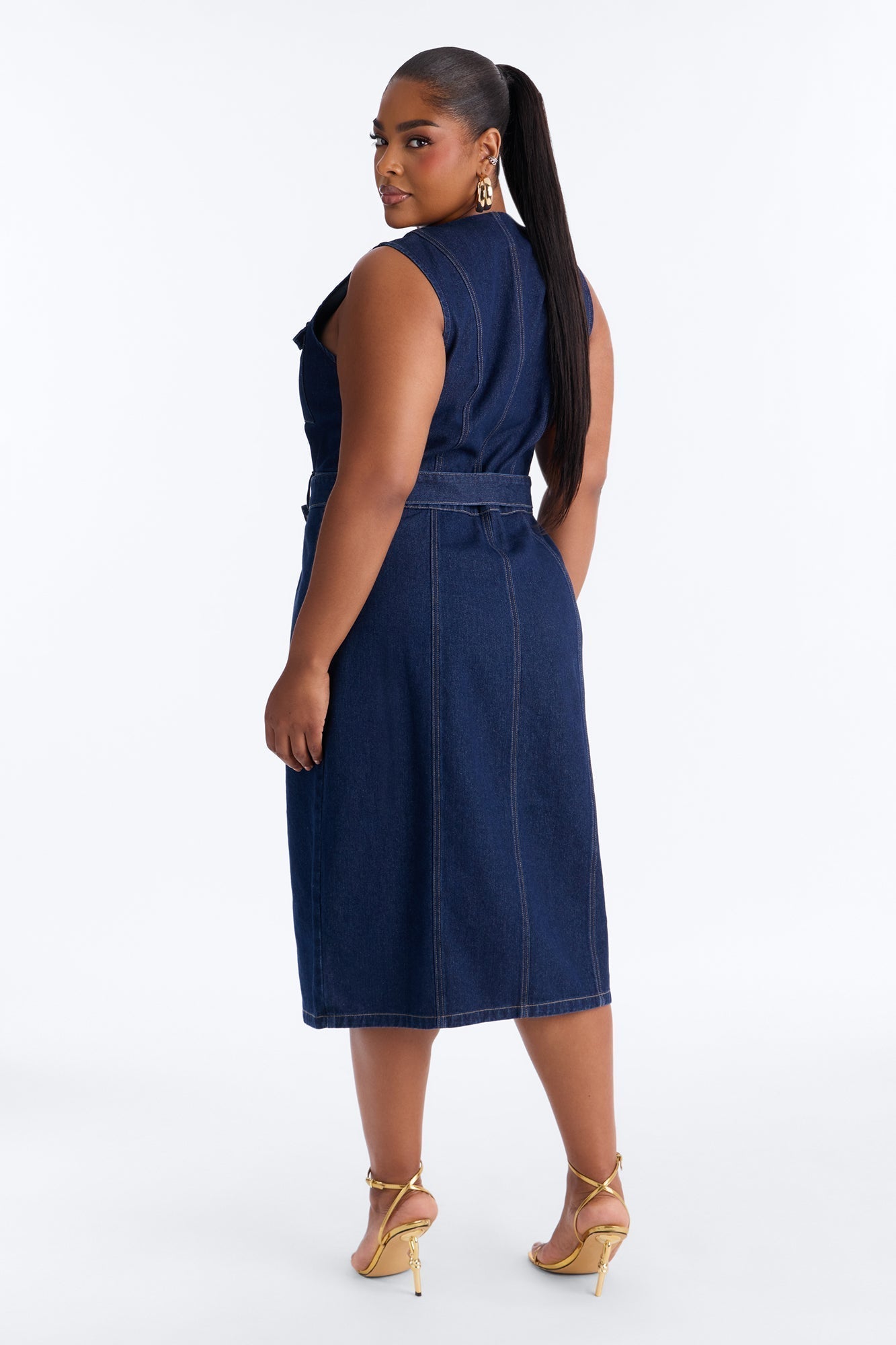 Isla Belted Denim Midi Dress - Dark Wash