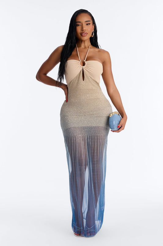 Aimee Ombre Metallic Maxi Dress - Teal/combo
