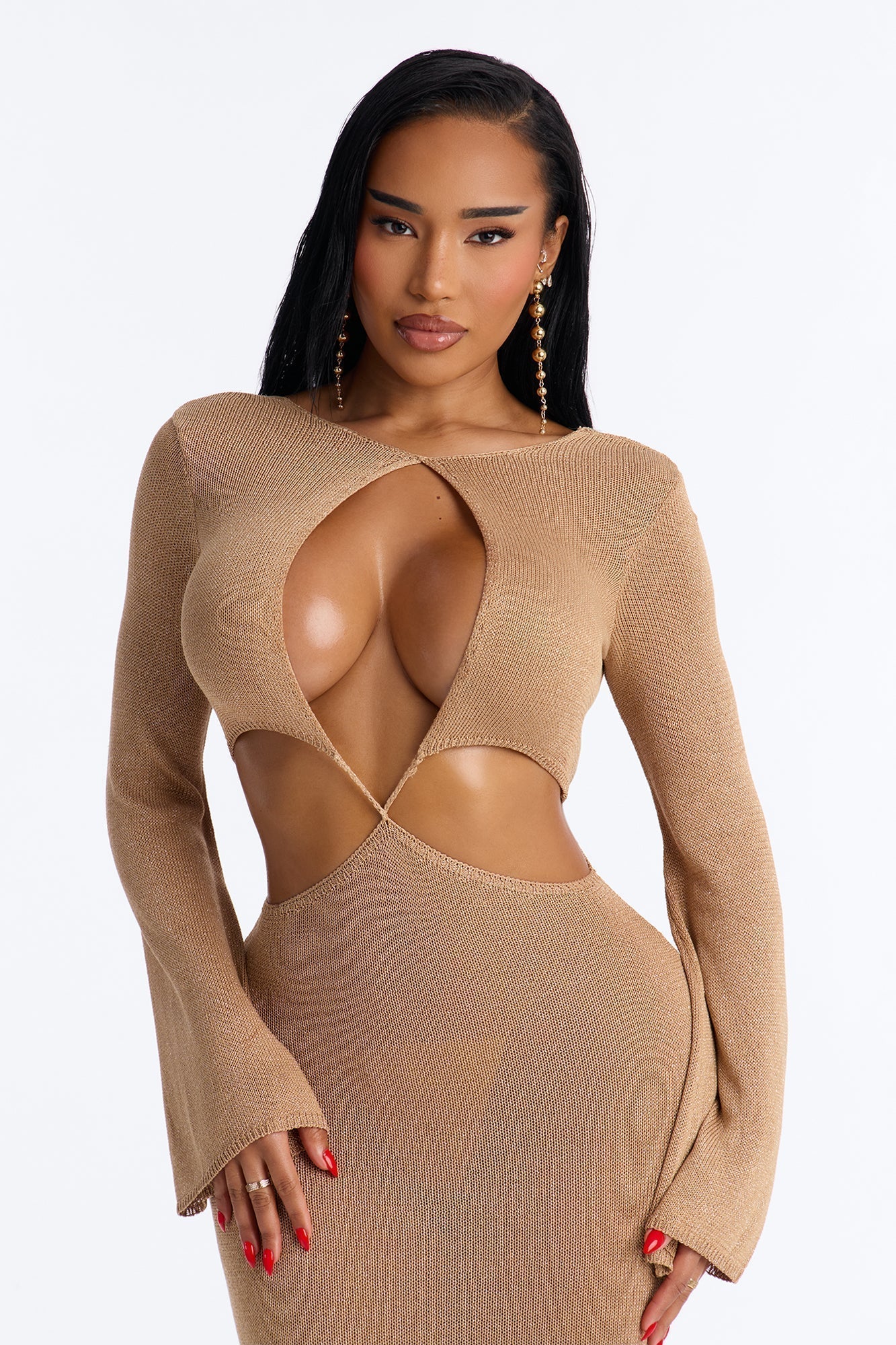 Can't Help It Metallic Knit Maxi Dress - Mocha