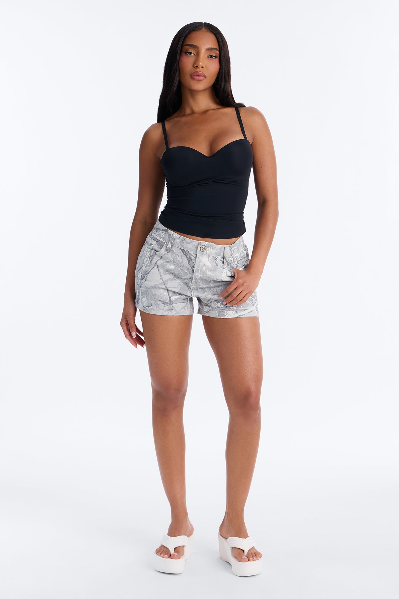 Can't See Me Stretch Camo Denim Shorts - Grey/combo