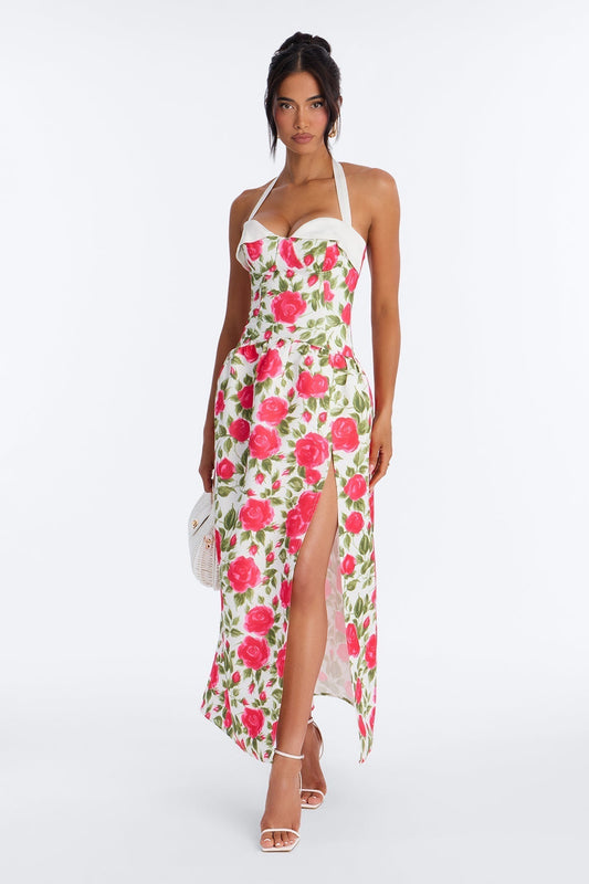 Sweetheart Floral Satin High Slit Maxi Dress - Pink/combo