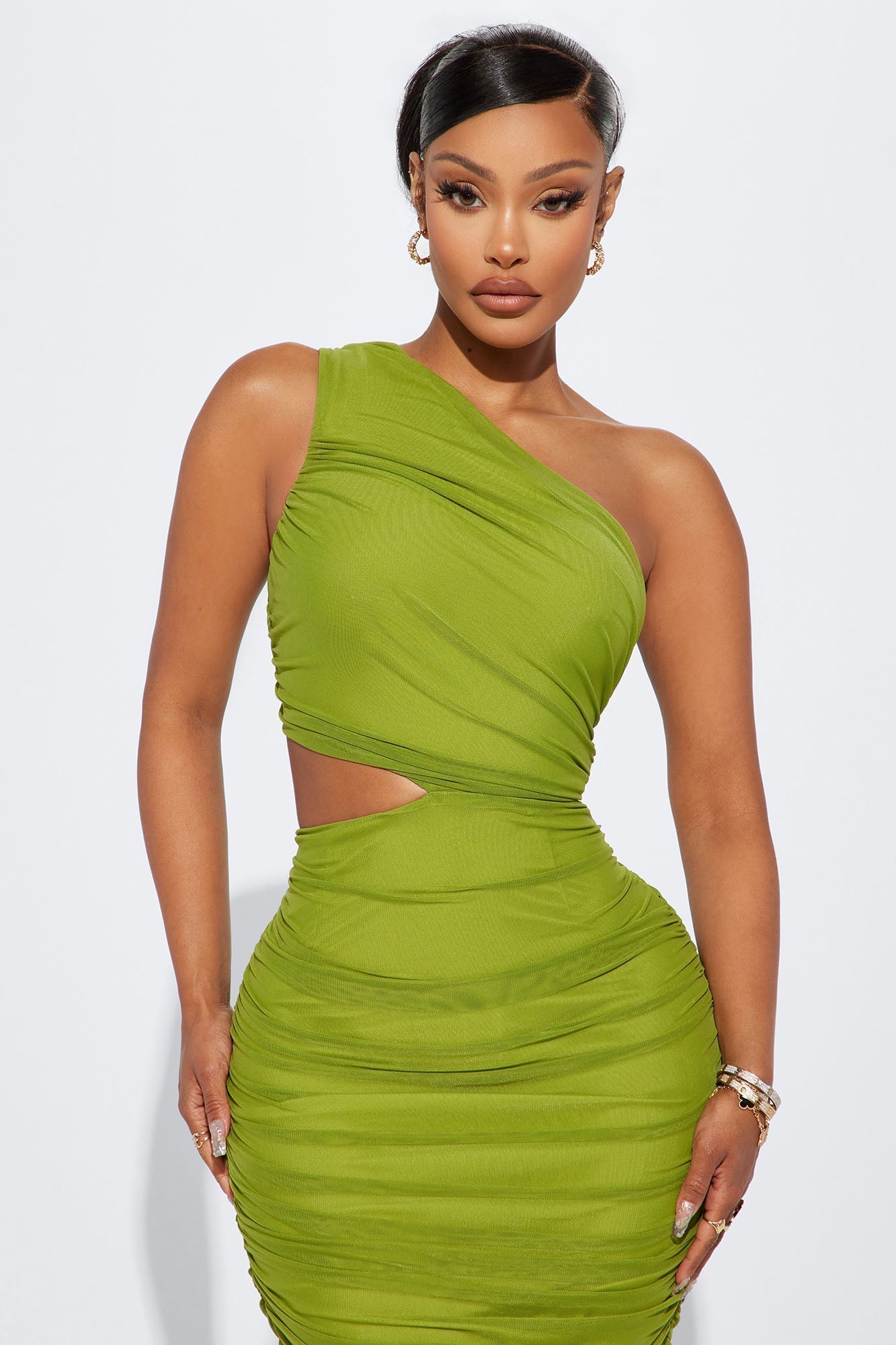 Dinner In Venice Ruched Midi Dress - Green