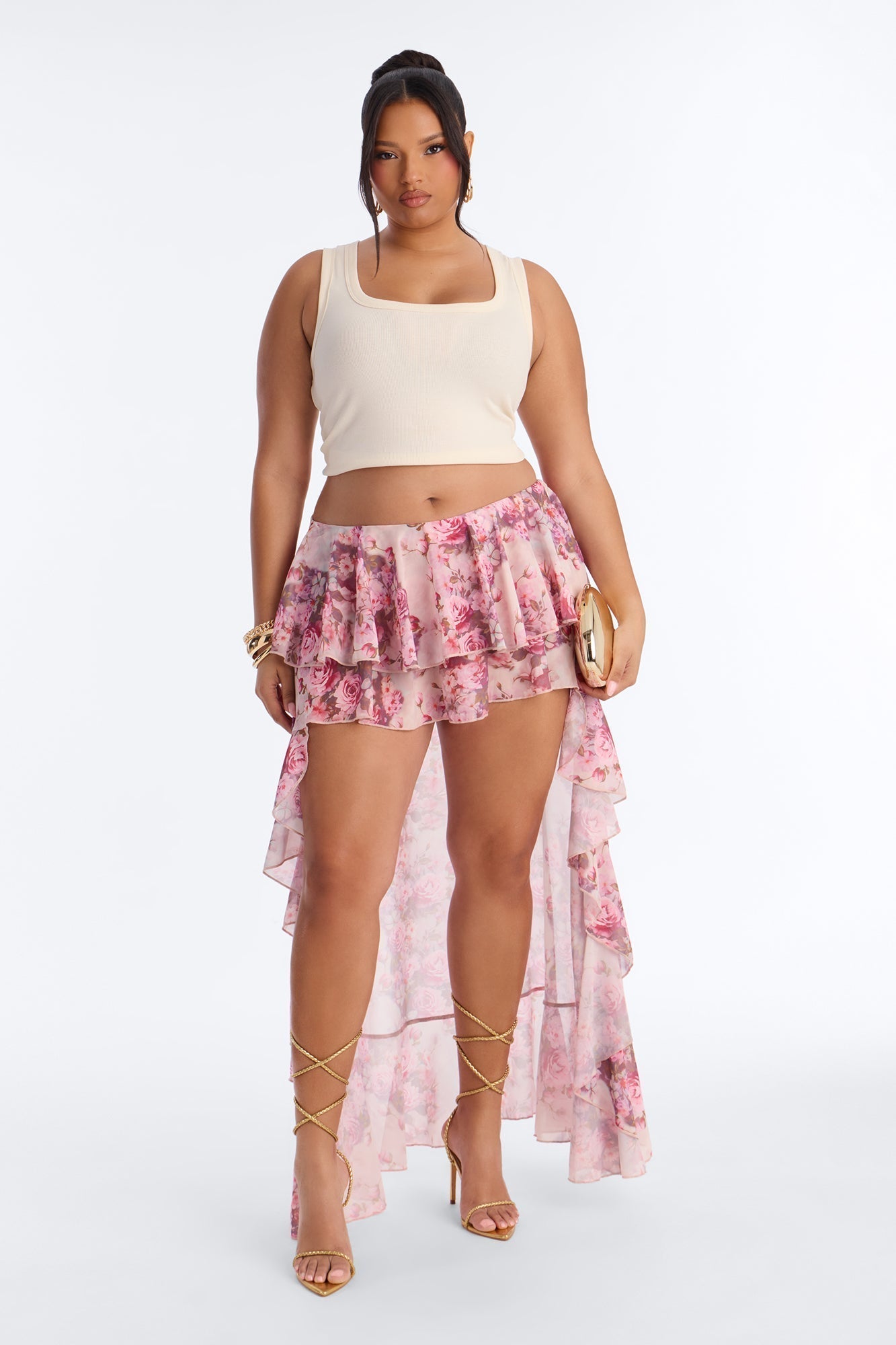 Love For You Floral Chiffon High Low Ruffle Skort - Pink/combo