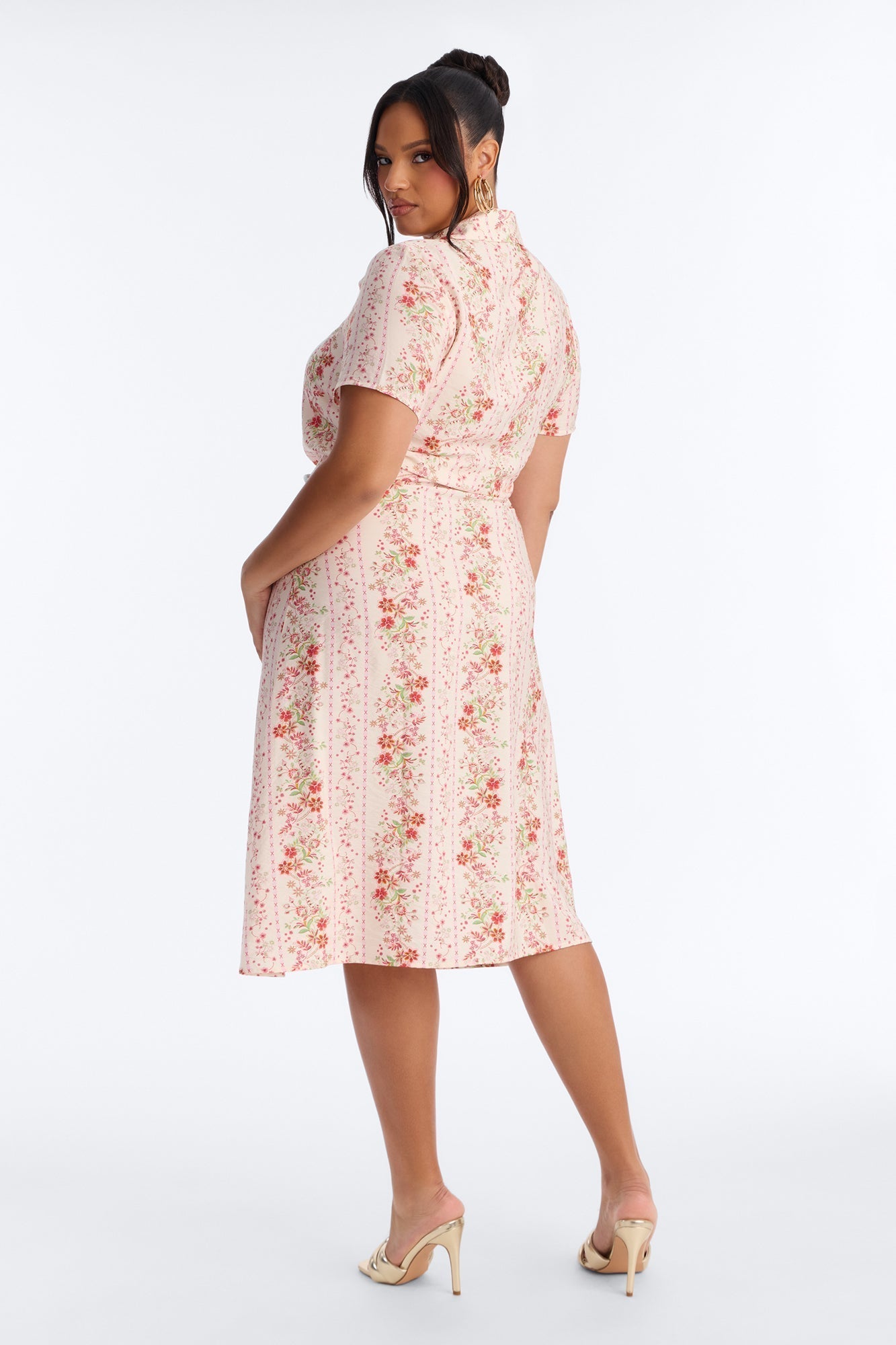 Selene Ruched Floral Midi Shirt Dress - Pink/combo