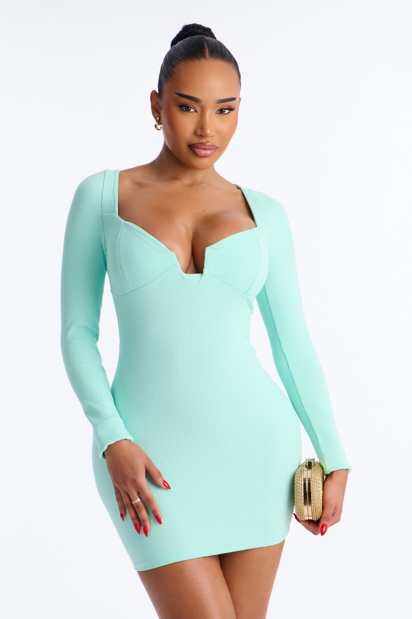 Scarlett Snatched Long Sleeve Mini Dress - Mint
