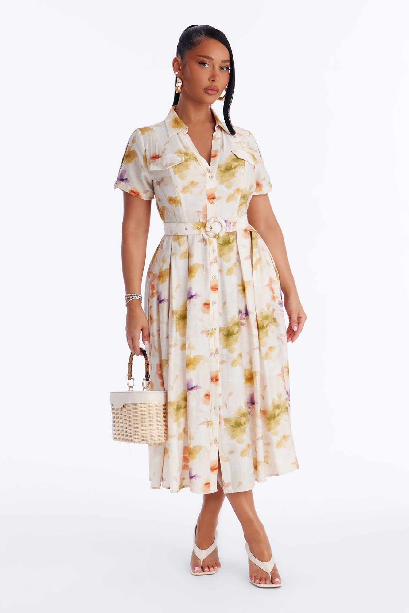 April Belted Floral Midi Dress - White/combo