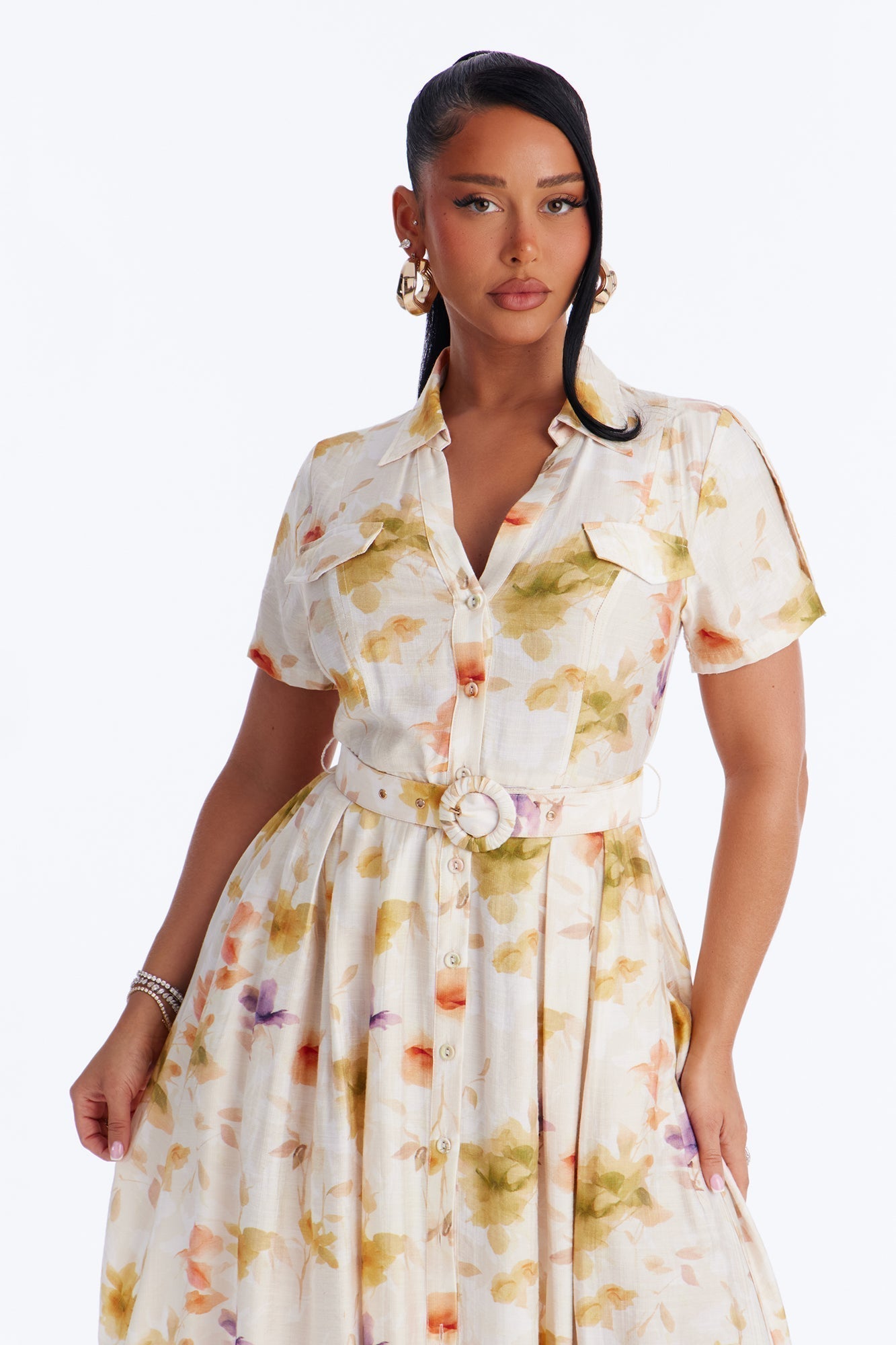 April Belted Floral Midi Dress - White/combo