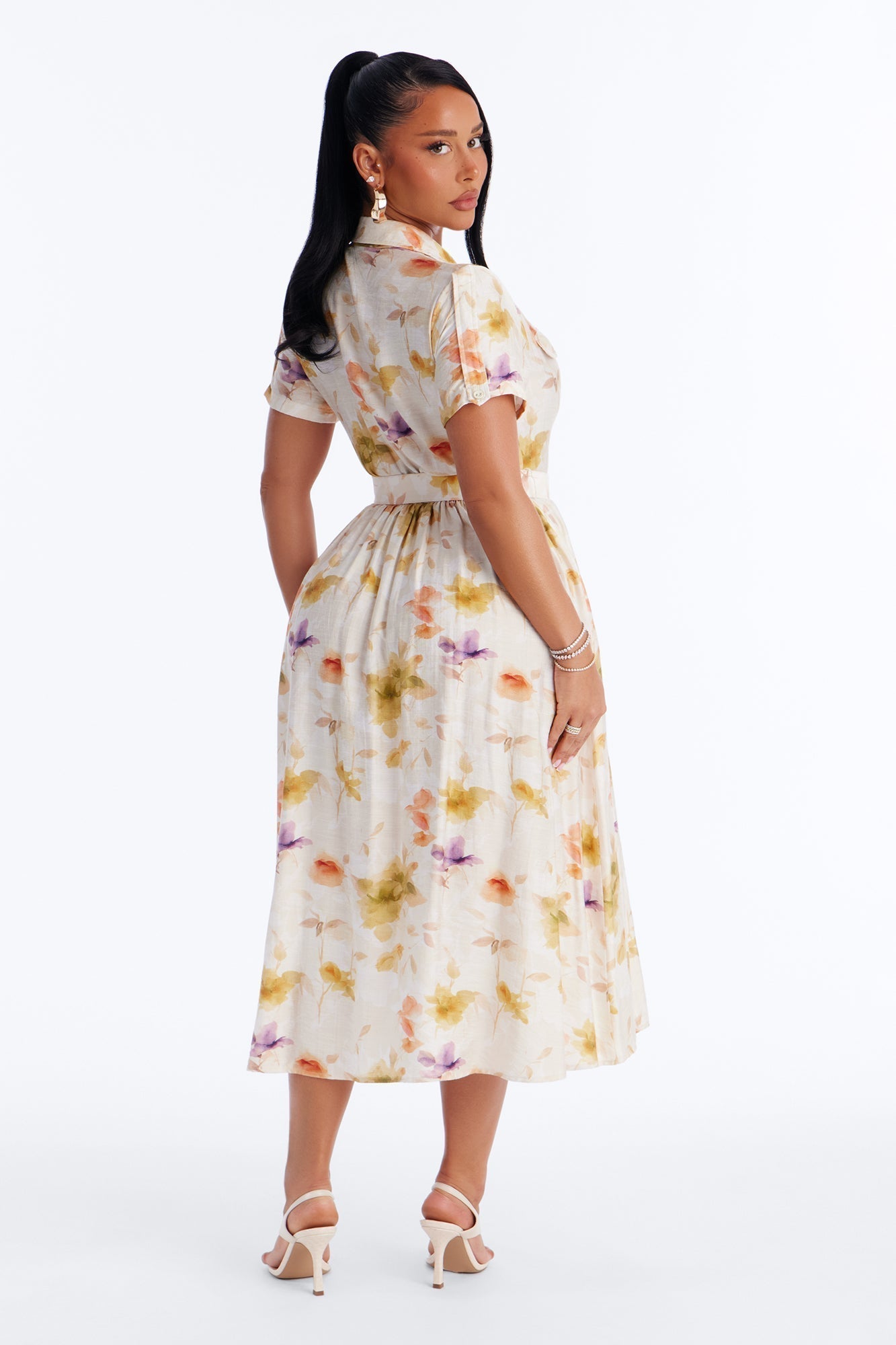 April Belted Floral Midi Dress - White/combo