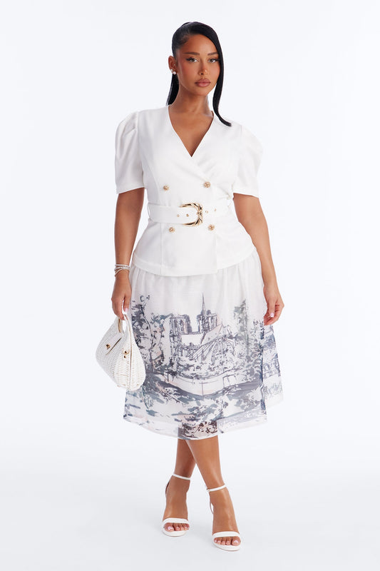 Margaret Belted Print Midi Dress - White/Blue