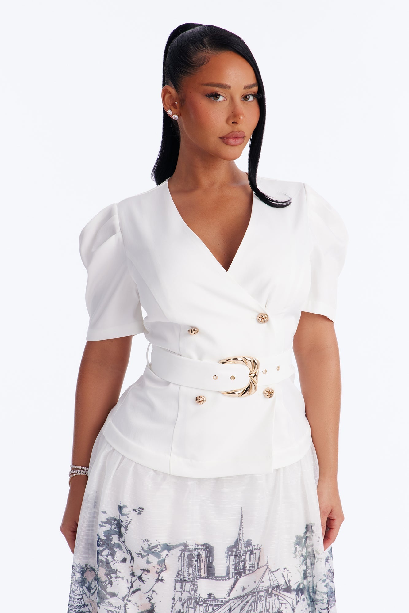 Margaret Belted Print Midi Dress - White/Blue