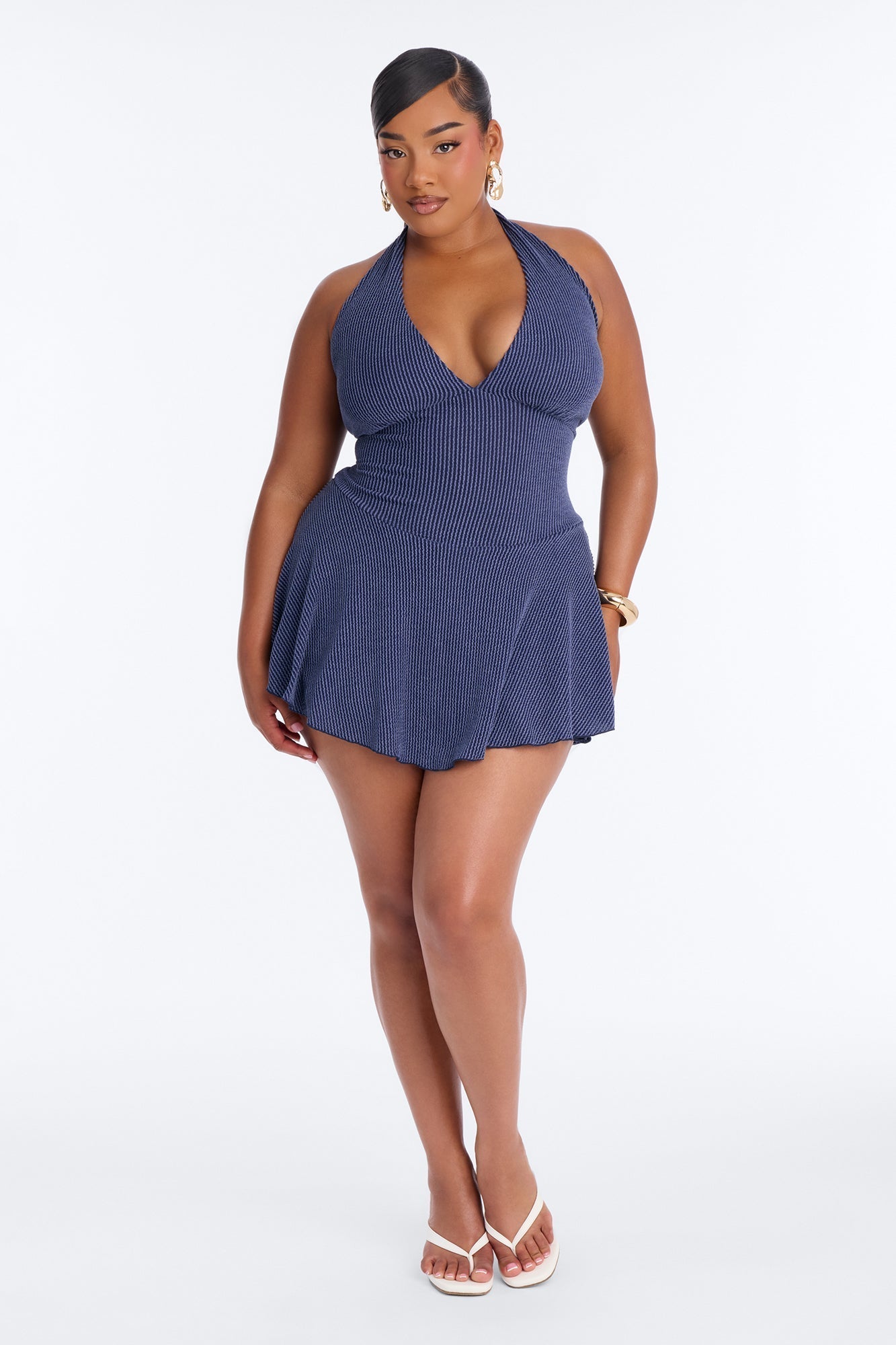Kamryn Halter Ribbed Mini Dress - Denim