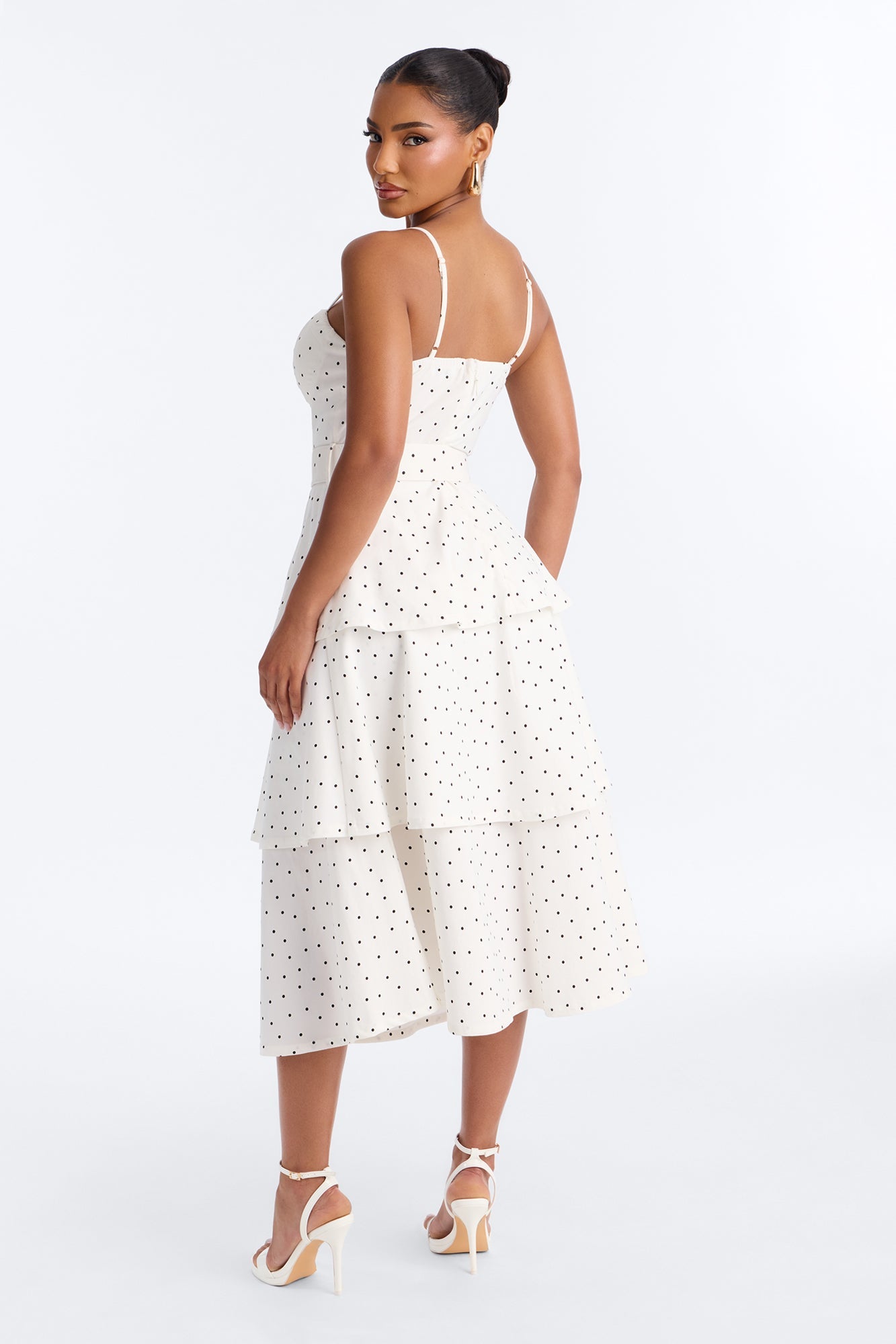 Jackie Ruffle Polka Dot Midi Dress - White/Black