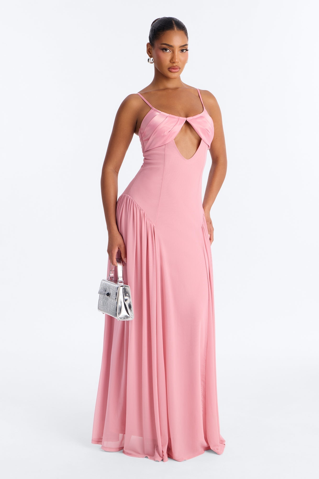 Audrina Pleated Mesh Maxi Dress - Pink