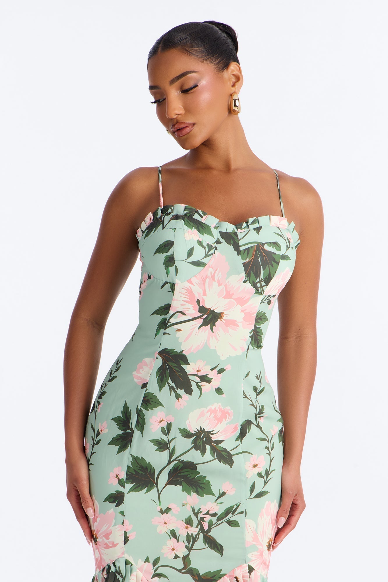 Izzy Floral Chiffon Midi Dress - Green/combo