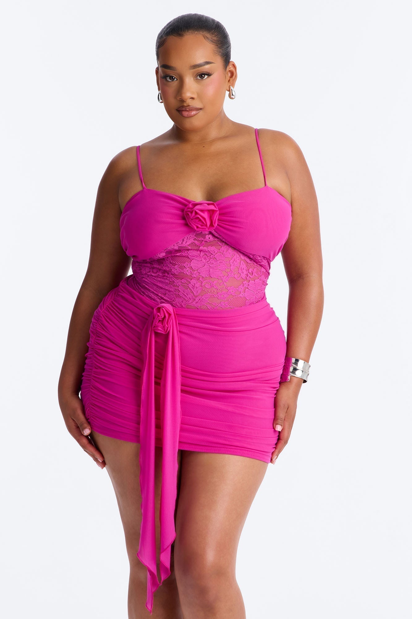 Madison Lace Cut Out Mesh Mini Dress - Fuchsia