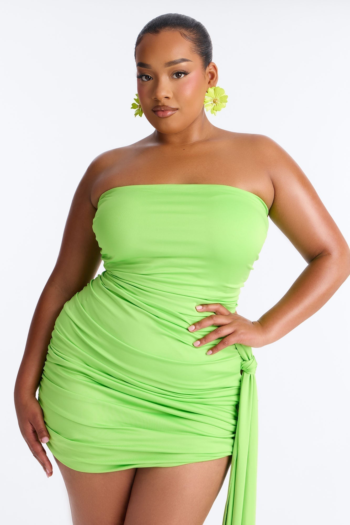 Jenna Ruched Draped Mini Dress - Lime