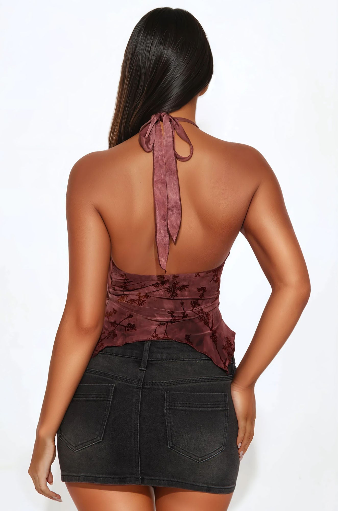 Erin Flocked Halter Top - Burgundy/combo