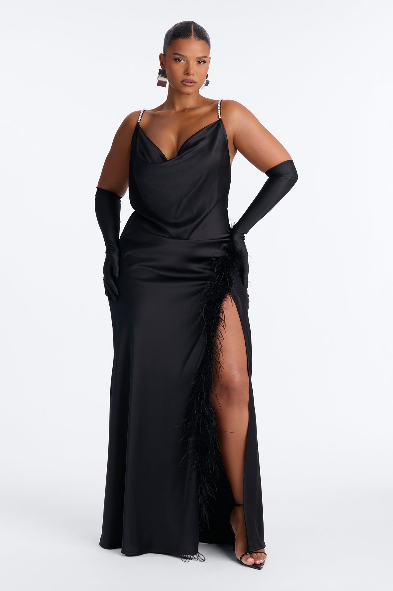 Isabella Feather Trim Satin Gown - Black