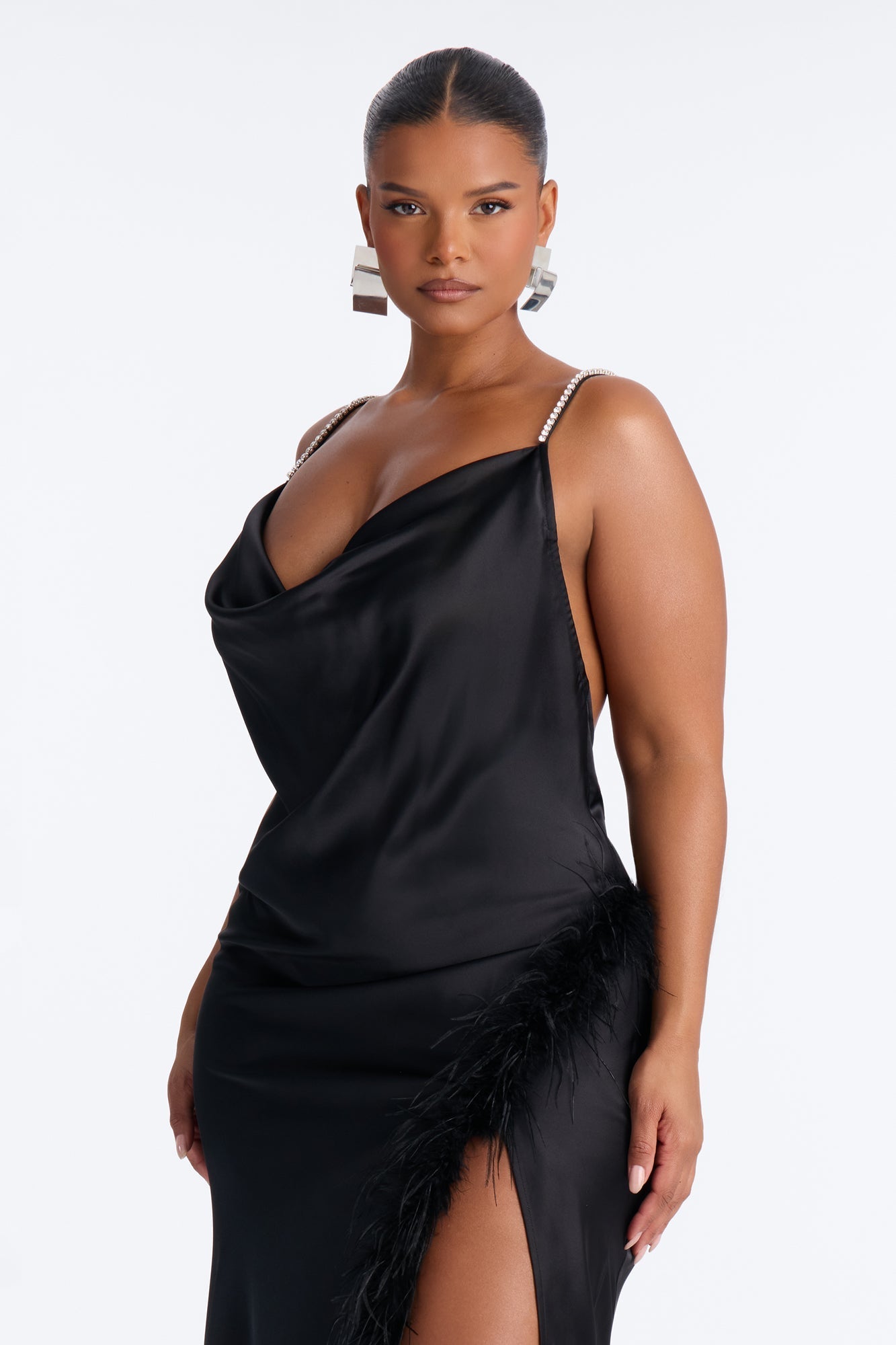 Isabella Feather Trim Satin Gown - Black