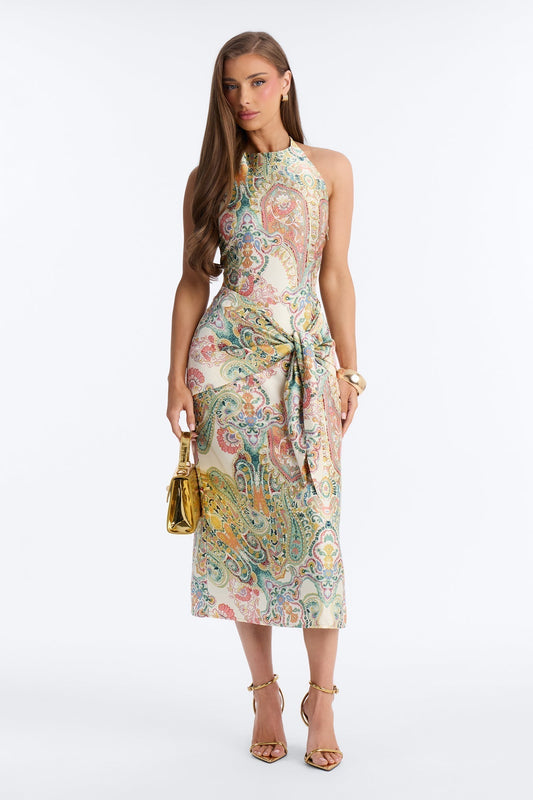 Imani Satin Midi Dress - Green/combo