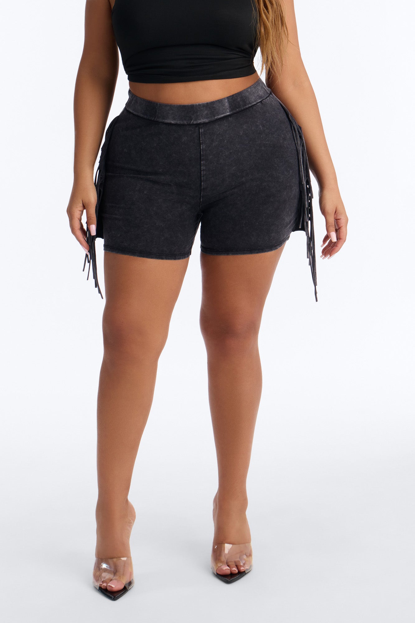 Shake It Up Washed Fringe Trim Biker Short 4″ - Black