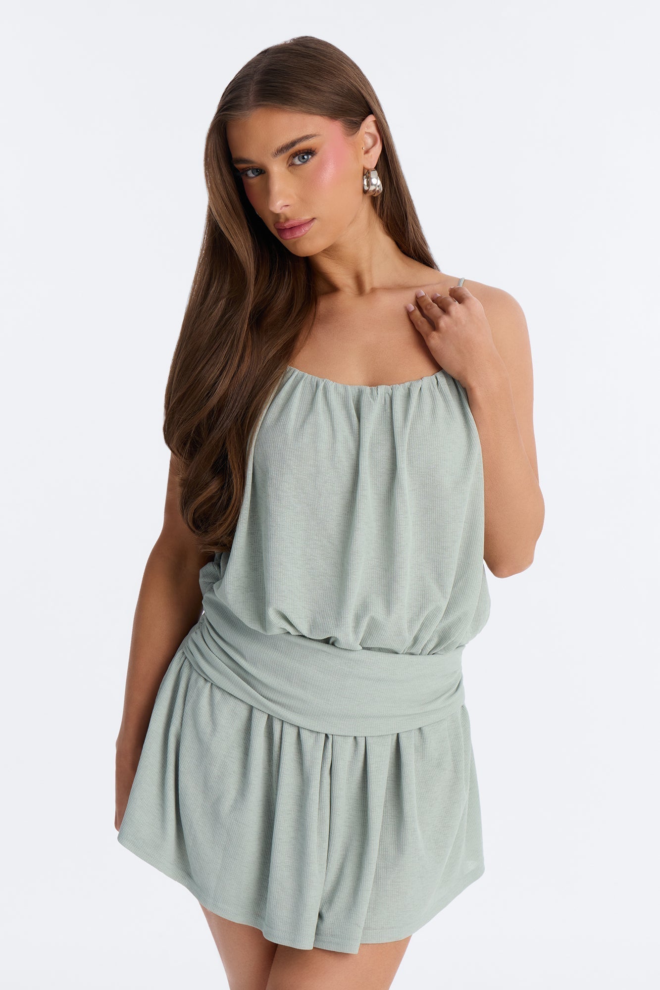 Luna Spaghetti Strap Textured Mini Dress - Sage