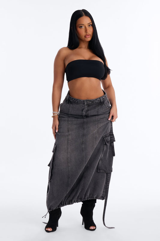 Cool Girl Low Rise Denim Cargo Jogger Maxi Skirt - Charcoal