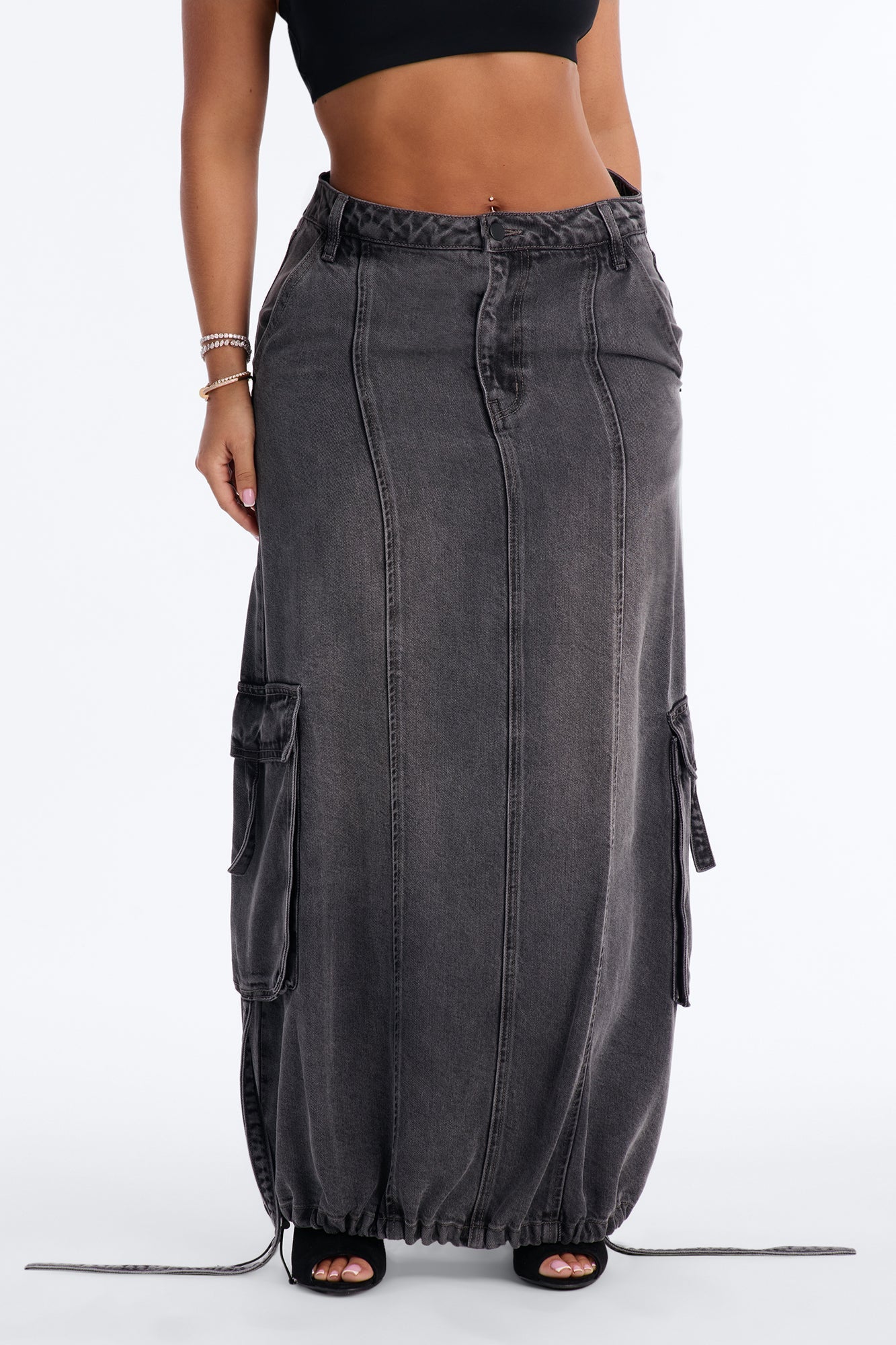 Cool Girl Low Rise Denim Cargo Jogger Maxi Skirt - Charcoal