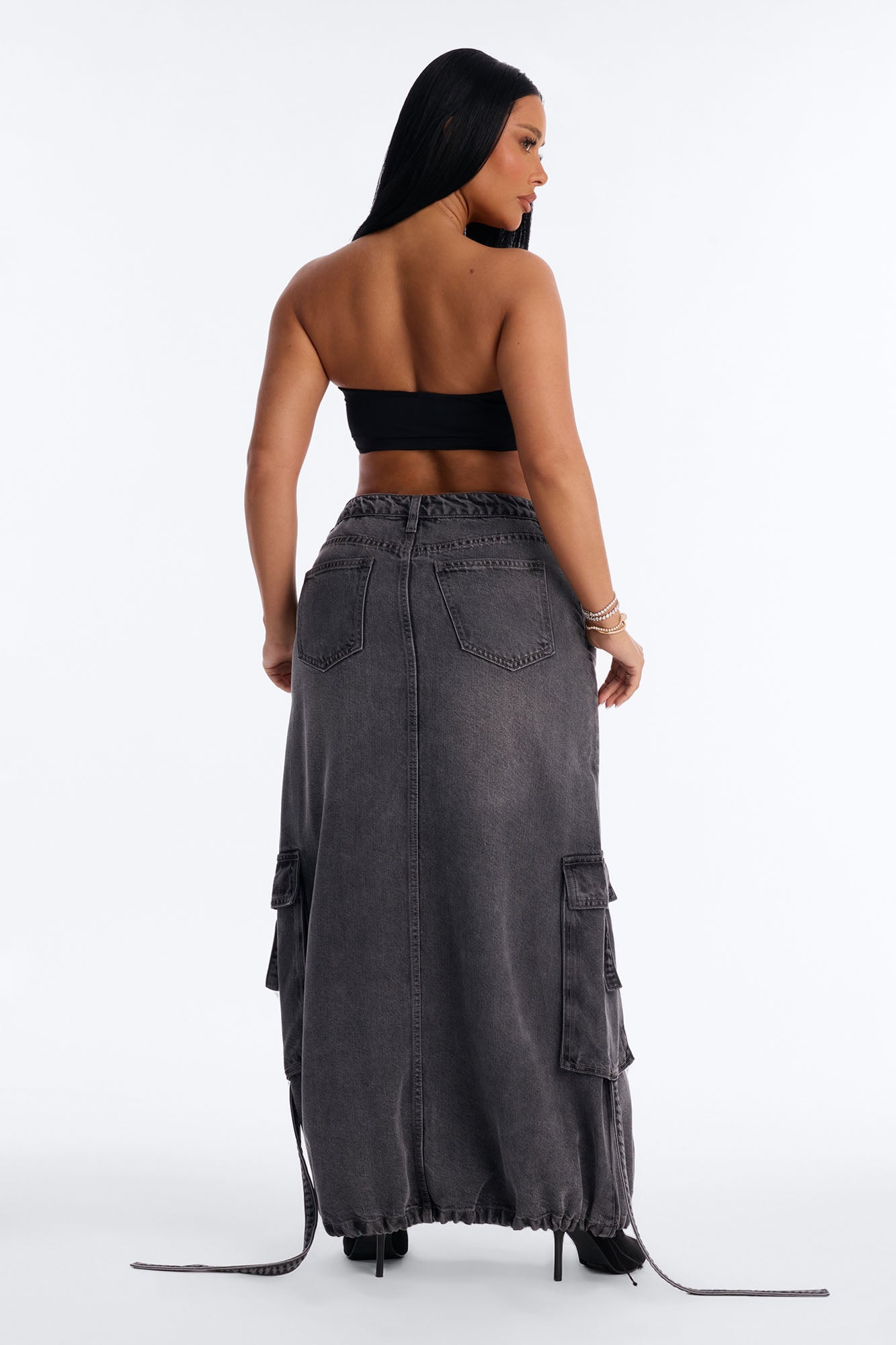 Cool Girl Low Rise Denim Cargo Jogger Maxi Skirt - Charcoal