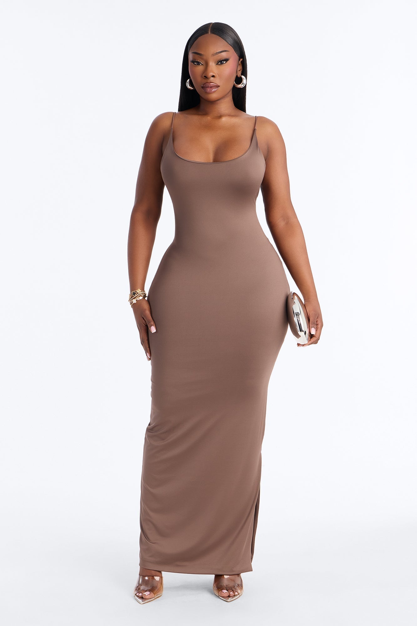 Contour Double Lined Scoop Neck Spaghetti Strap Maxi Dress - Brown