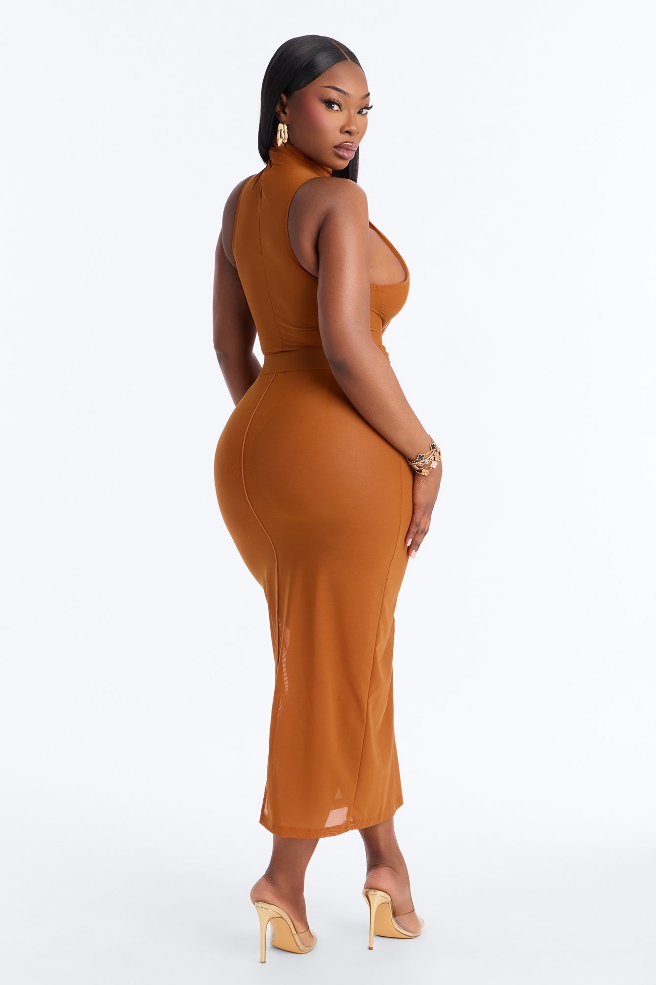 Power Mesh Midi Pencil Skirt - Copper