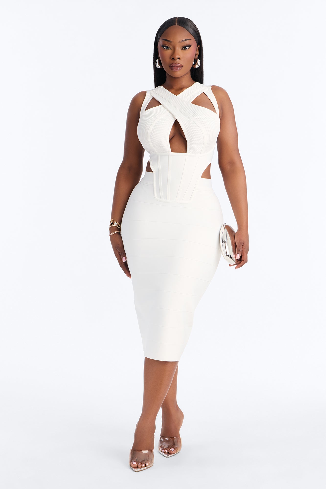 Center Of Attention Cut Out Bandage Midi Dress - White