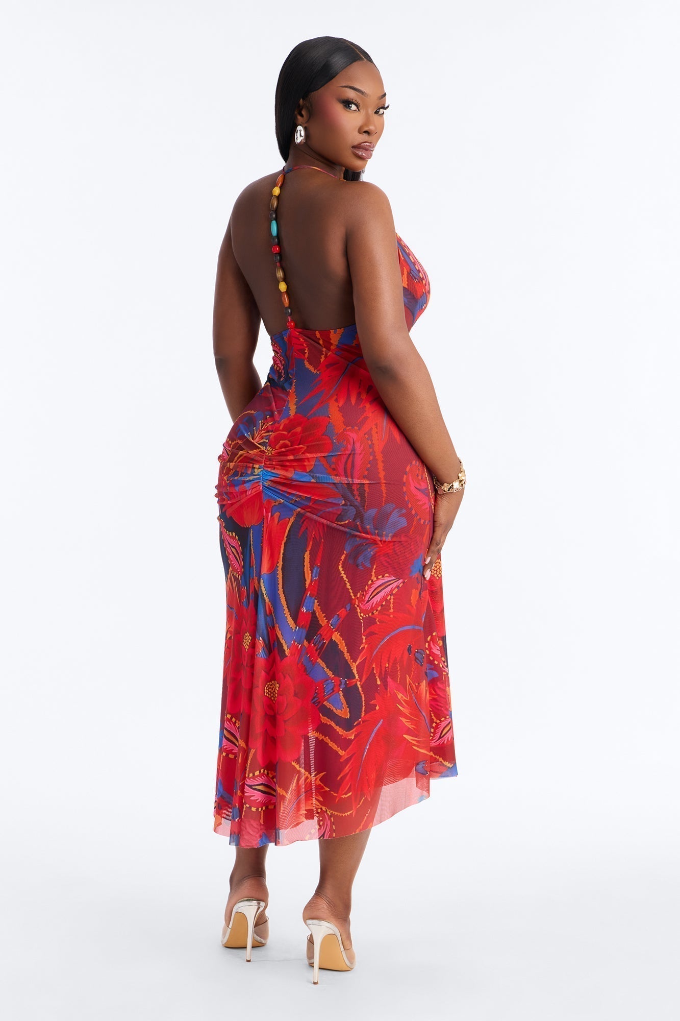 Draya Floral Mesh Midi Dress - Red/combo