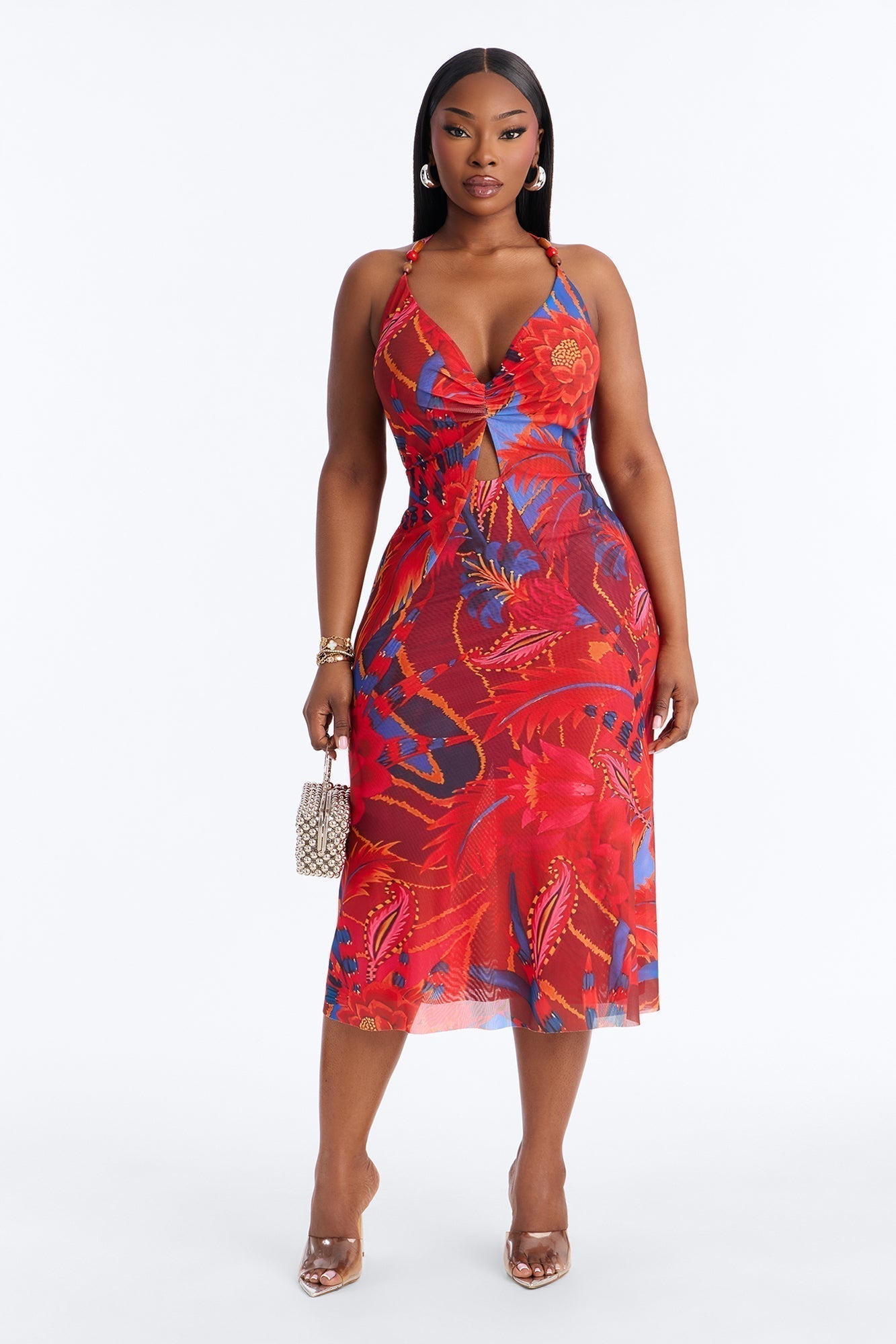 Draya Floral Mesh Midi Dress - Red/combo