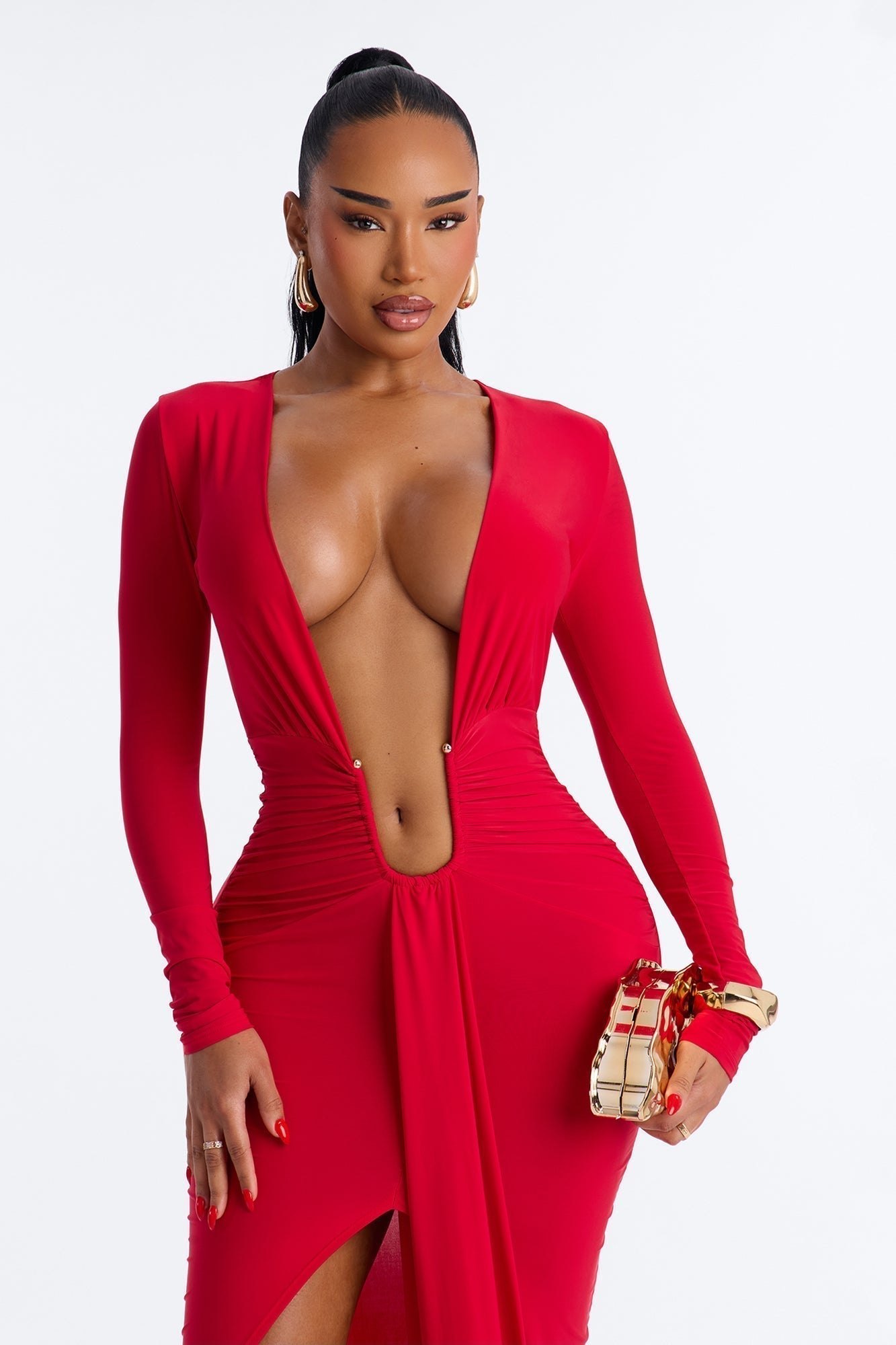 Zina Deep V Draped Midi Dress - Red