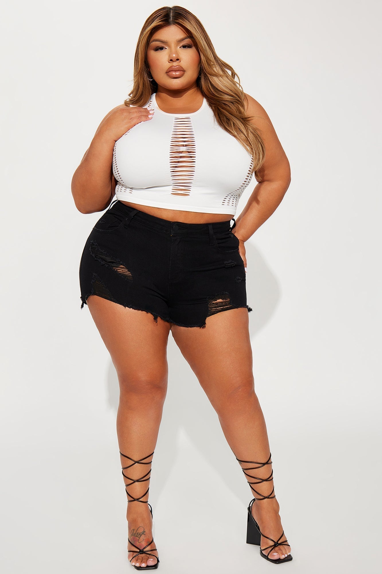 Just My Type Ripped Stretch Denim Shorts - Black