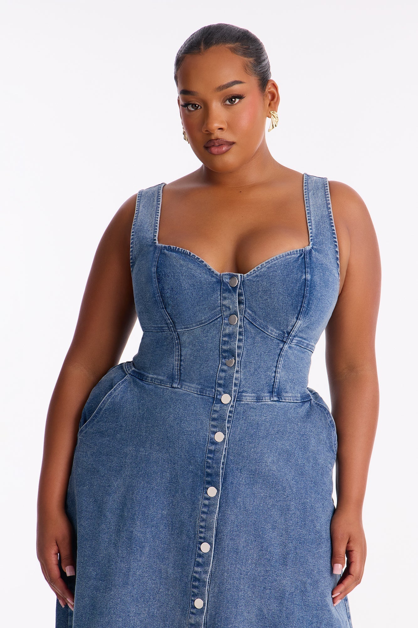 Cara Button Up Denim Midi Dress - Denim