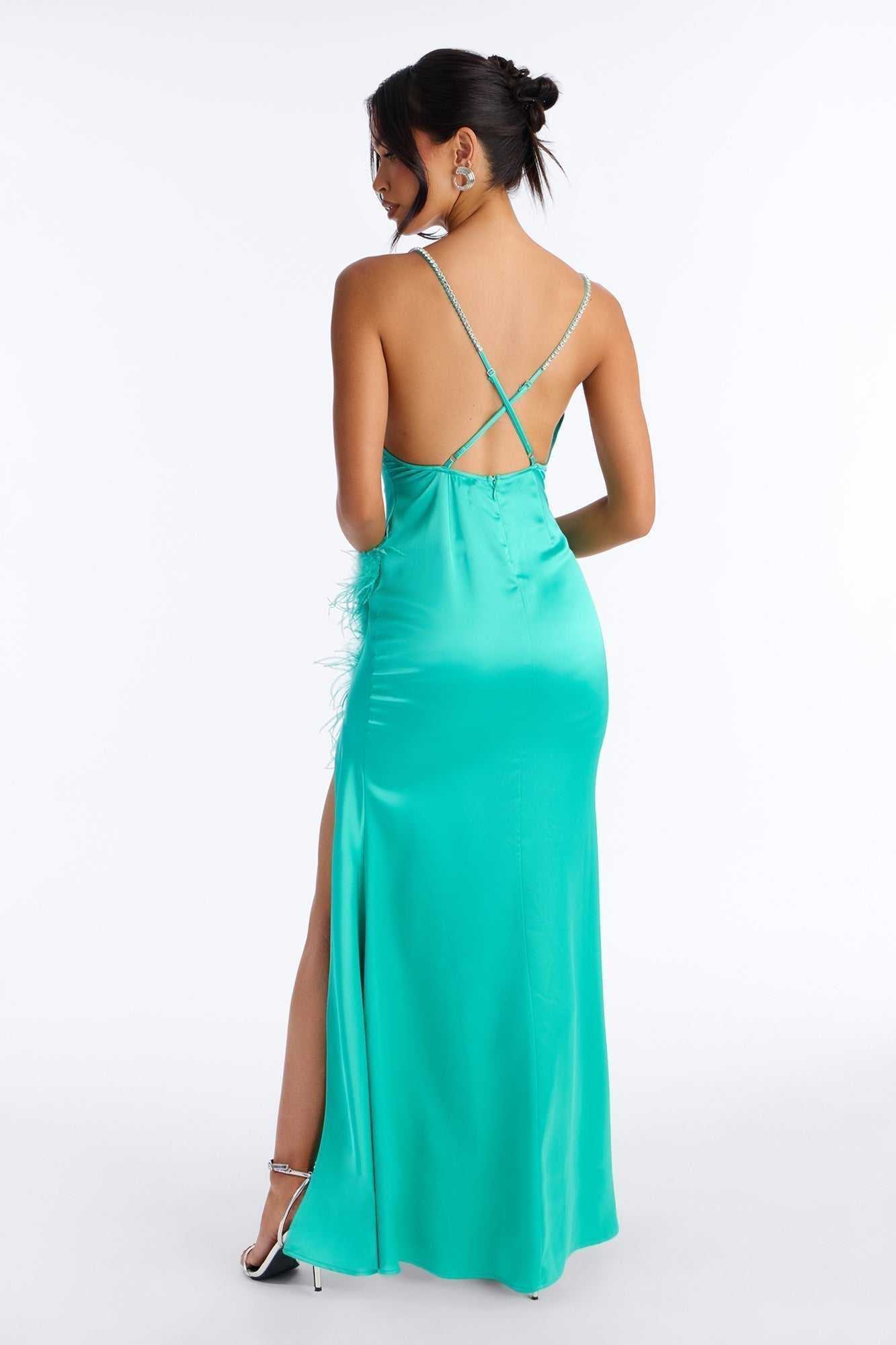 Isabella Feather Trim Satin Gown - Turquoise