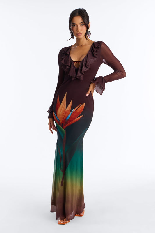 Erica Ruffle Mesh Maxi Dress - Brown/combo