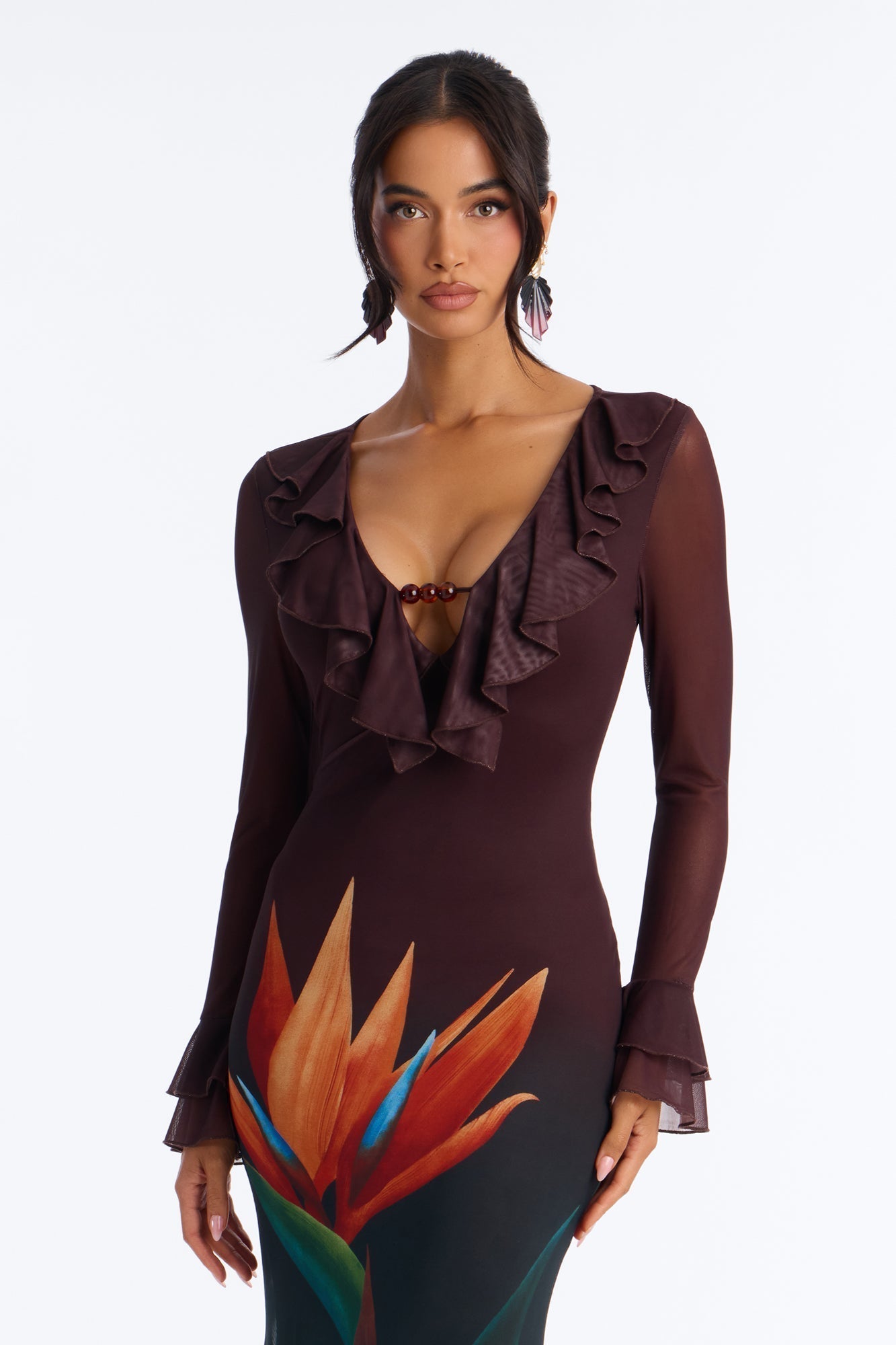 Erica Ruffle Mesh Maxi Dress - Brown/combo