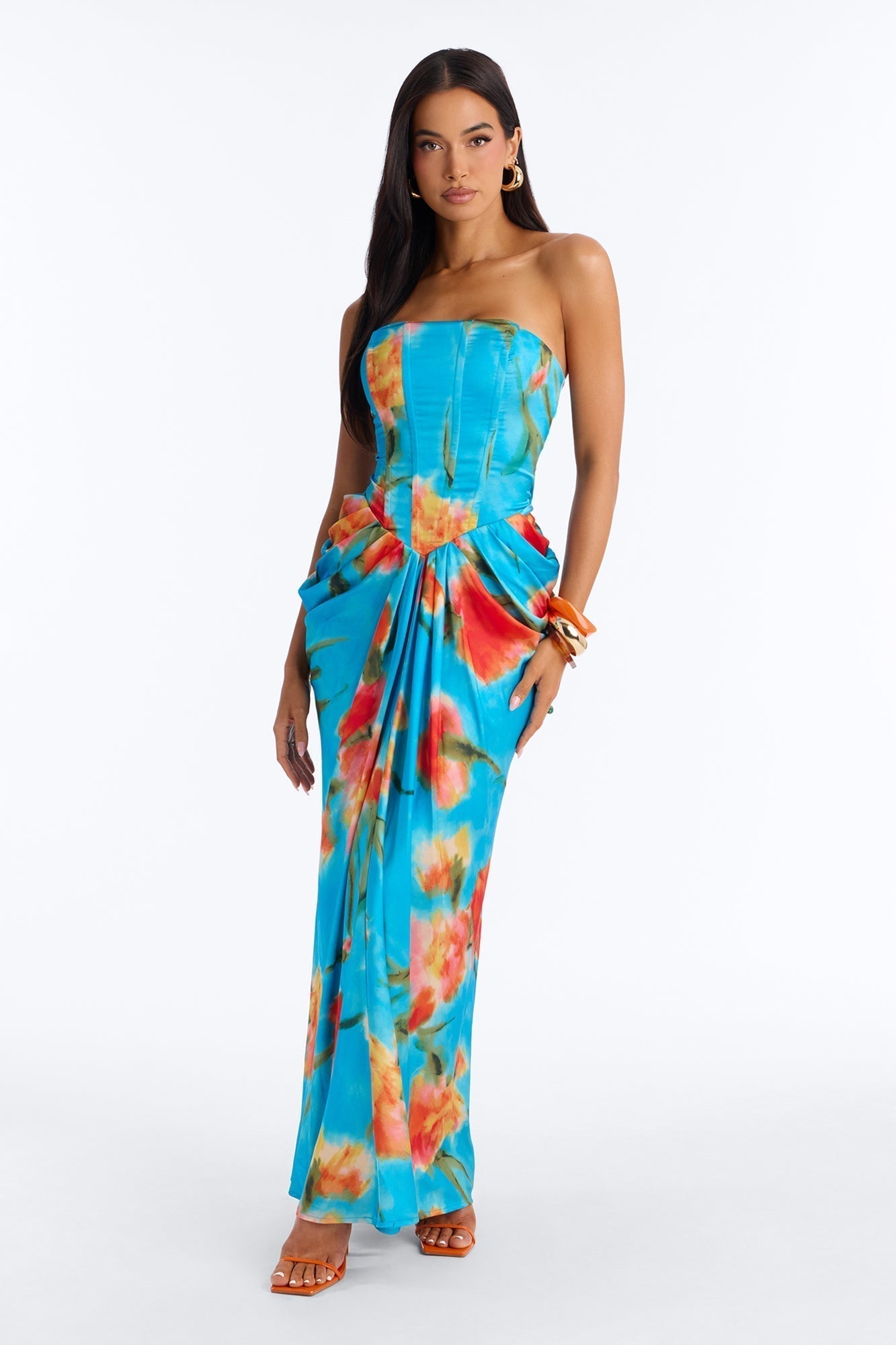 Nylah Corset Tie Dye Satin Maxi Dress - Blue/combo