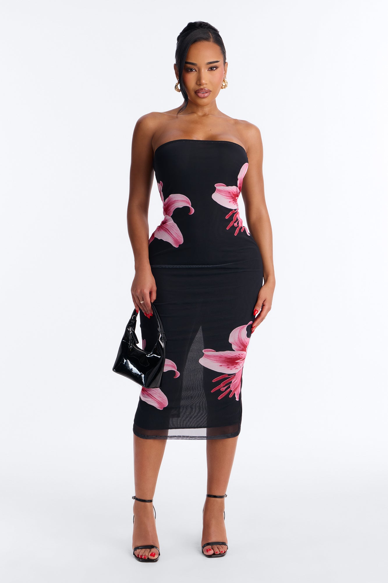 Elara Printed Mesh Midi Dress - Black/Pink