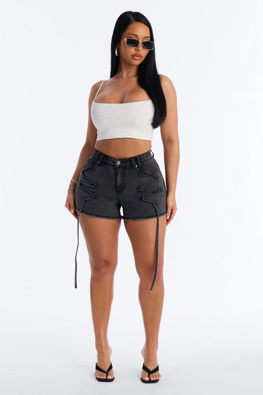 Loop Me In Stretch Denim Shorts - Black Wash