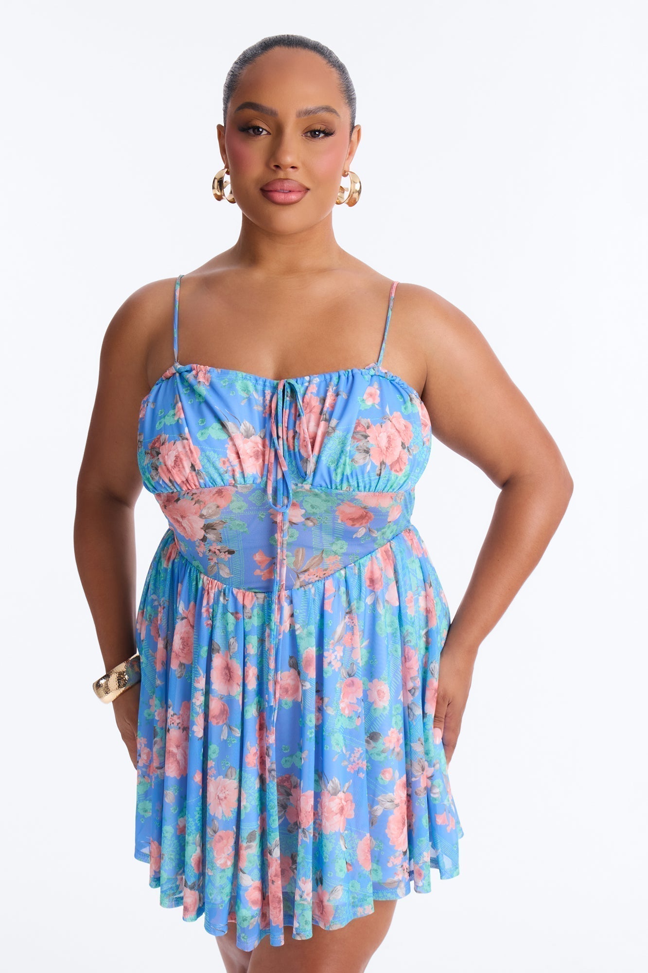 Sidney Floral Mesh Mini Dress - Blue/combo