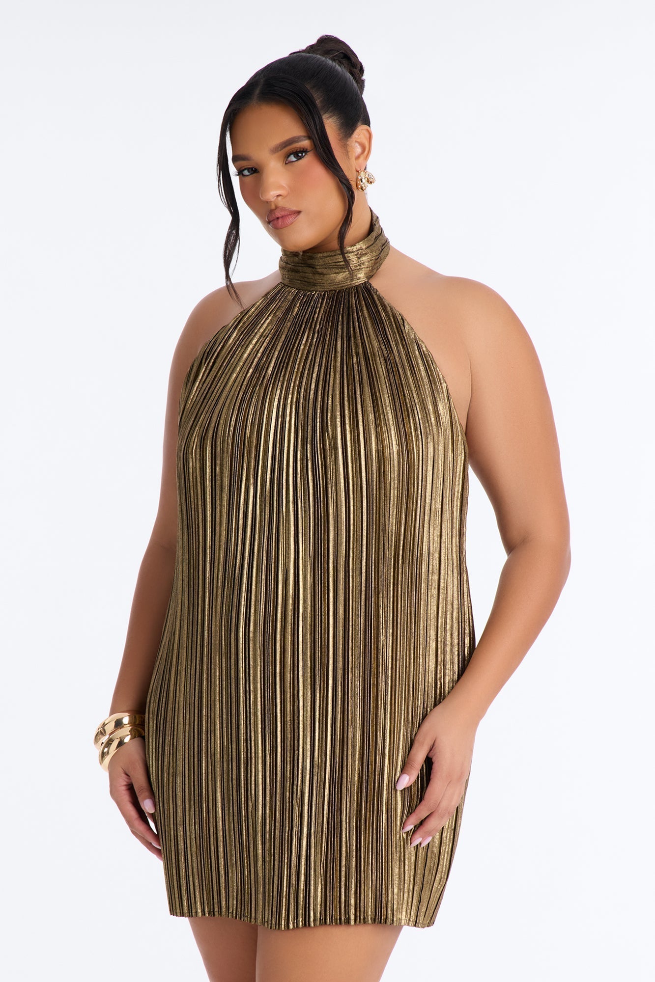 Pop Off Pleated Metallic Mini Dress - Bronze