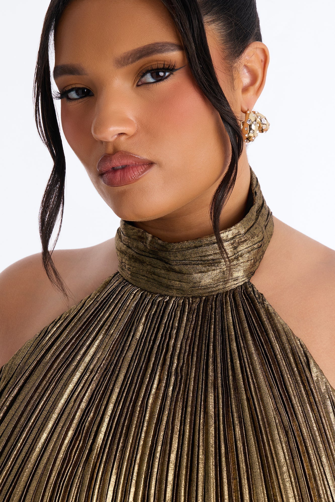 Pop Off Pleated Metallic Mini Dress - Bronze