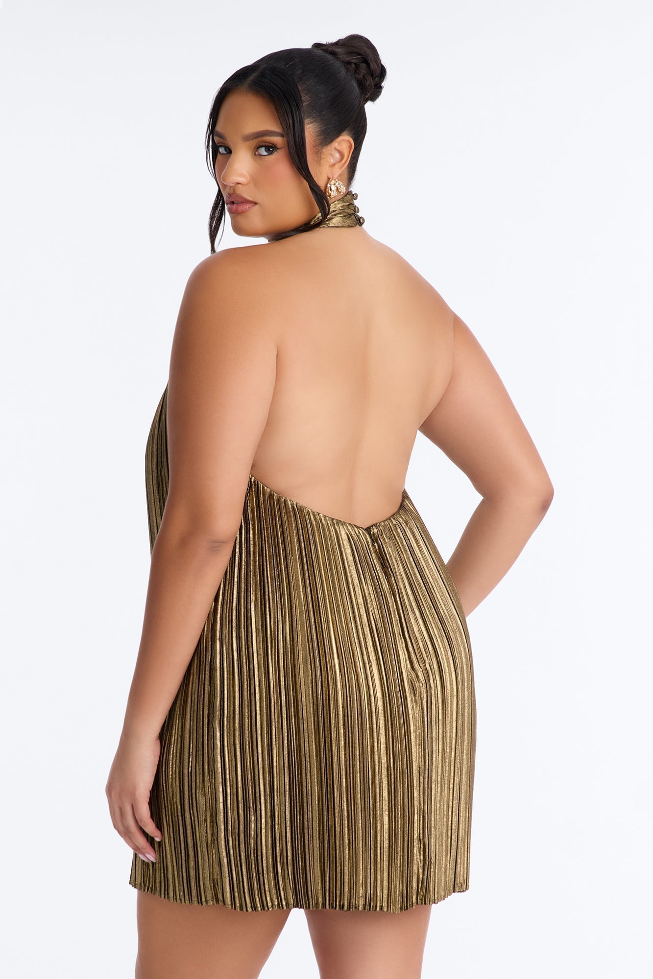 Pop Off Pleated Metallic Mini Dress - Bronze
