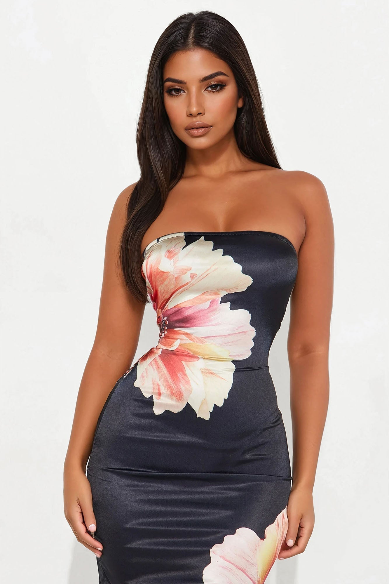 Flora Floral Stretch Satin Midi Dress - Black