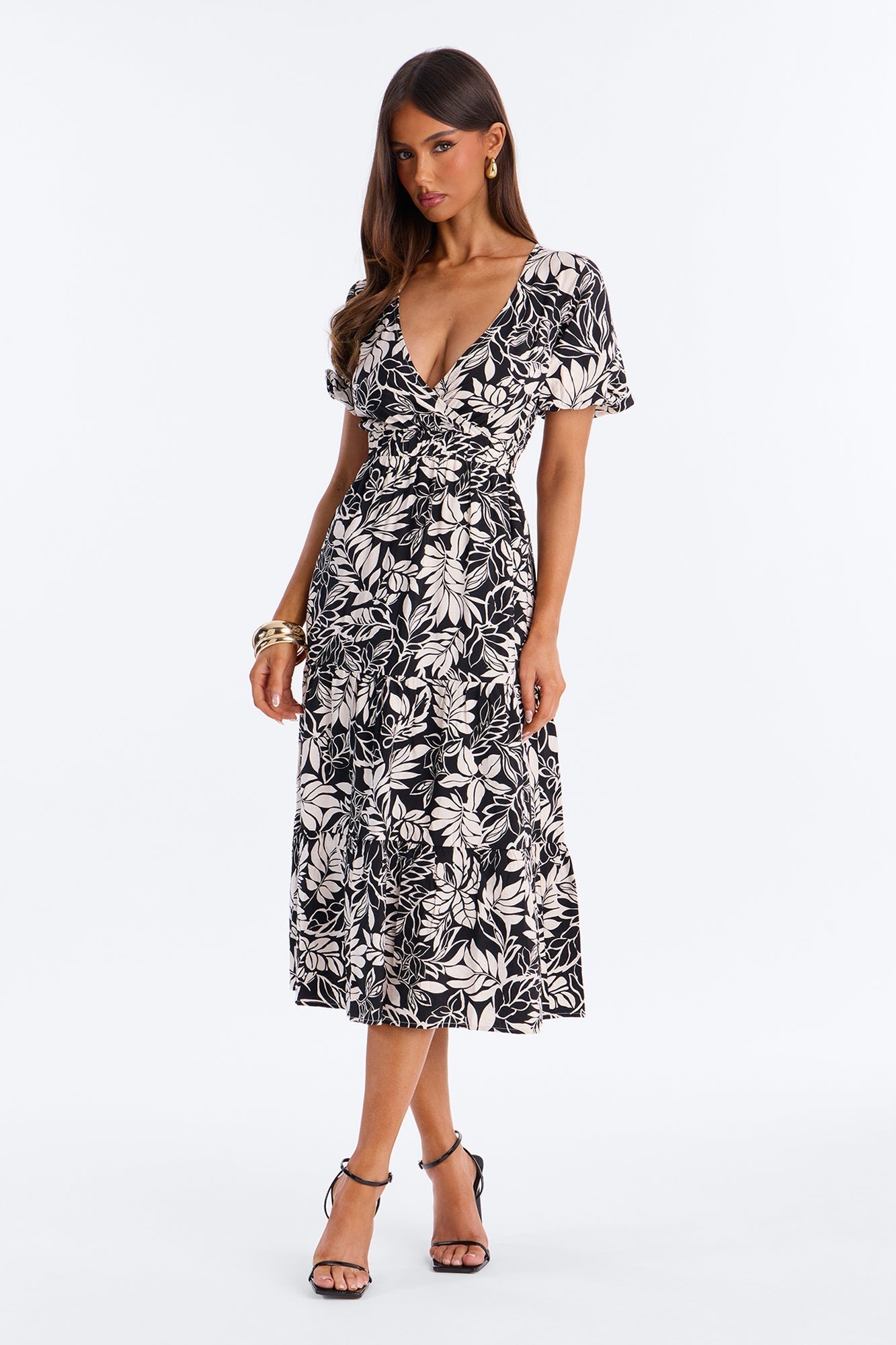 Elena Printed Midi Dress - Black/White