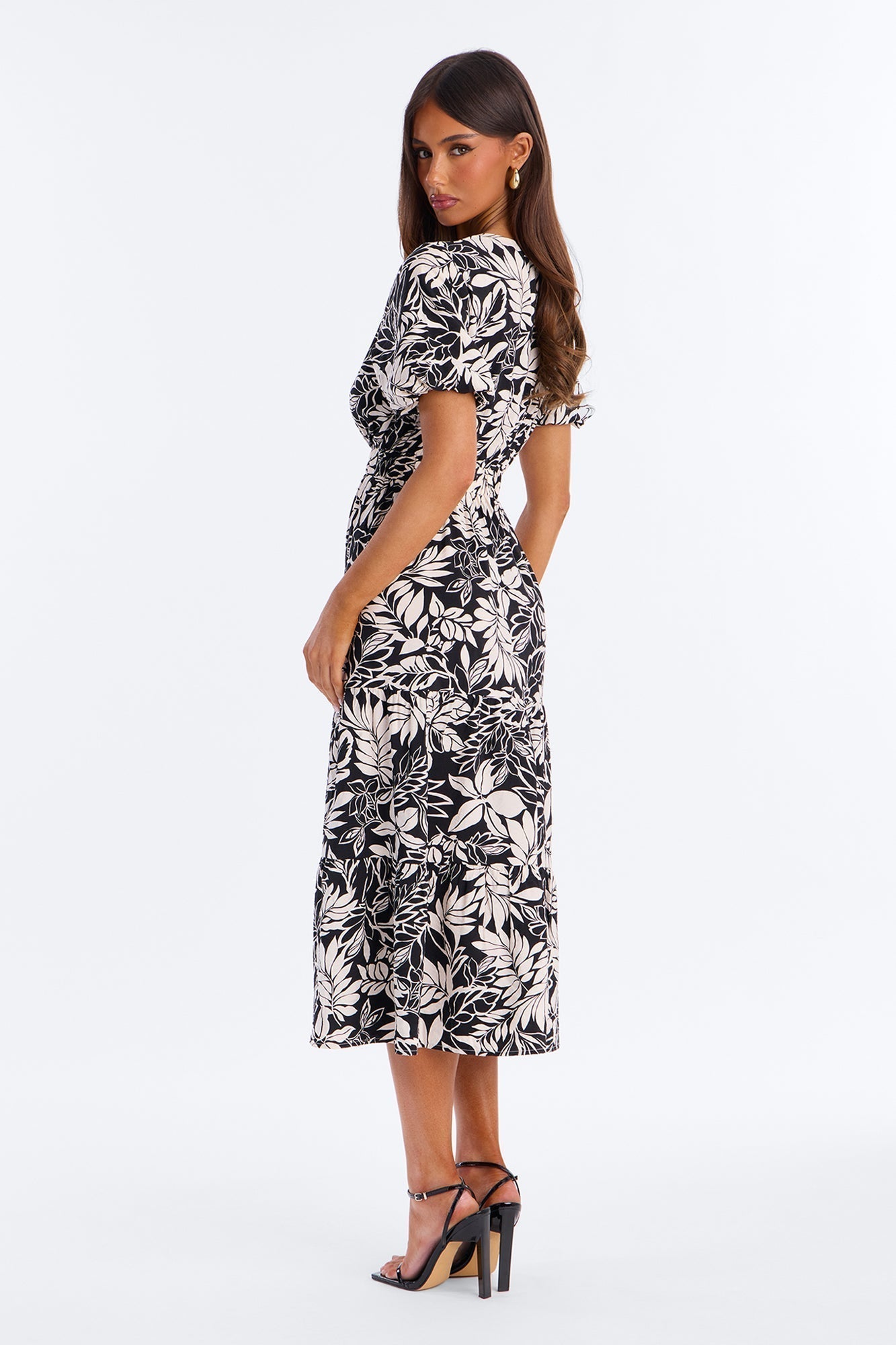 Elena Printed Midi Dress - Black/White